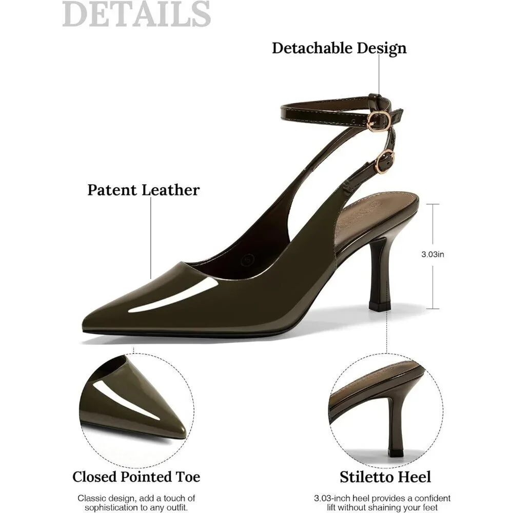 Women's Oil Green Pointed Toe High Heels Slingback Stiletto Ankle Strap Pumps